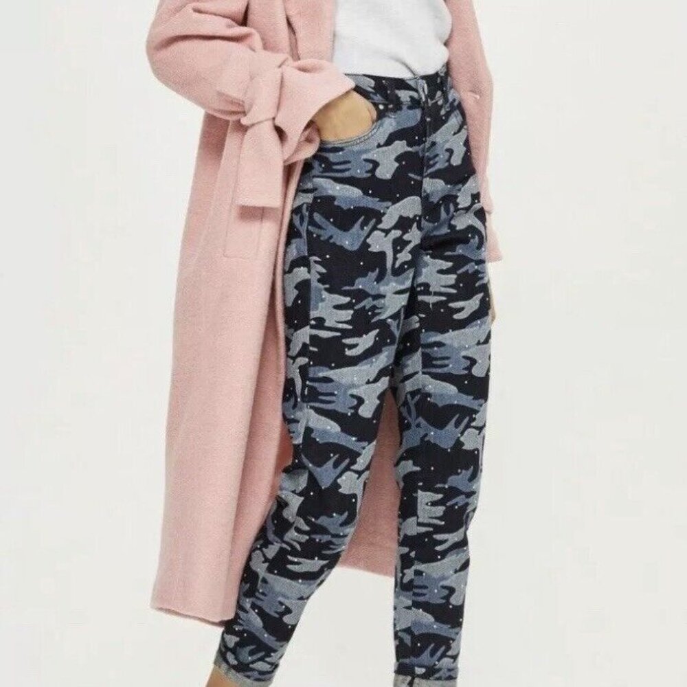 Topshop NEW Moto Mom Jeans High Waisted Jewel Studs Camo Diamante Denim Women's - Picture 9 of 17